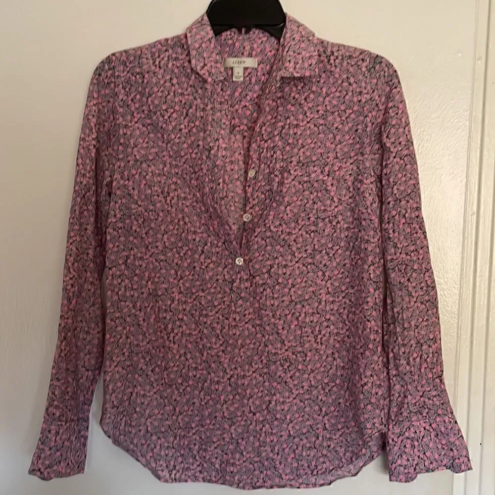 J.Crew pink ditsy floral popover blouse cotton voile pink purple white Size 0